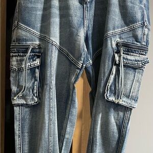 Fashion Nova Light Blue Washed Denim Cargo Jeans with Zipper Pockets